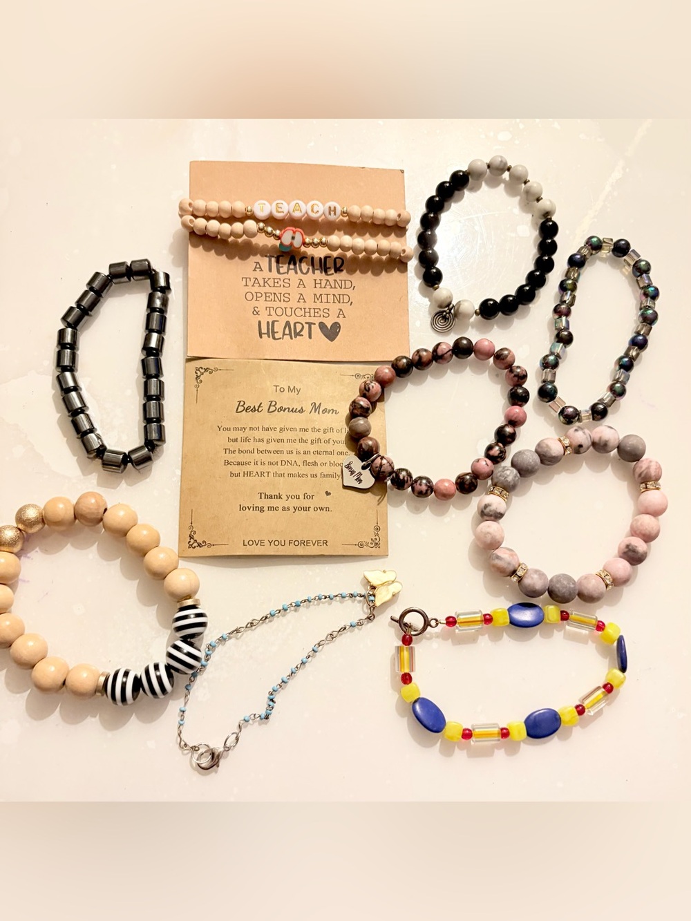 Handmade Pink and Neutral Beaded Stretch Bracelet - Set of 10pc